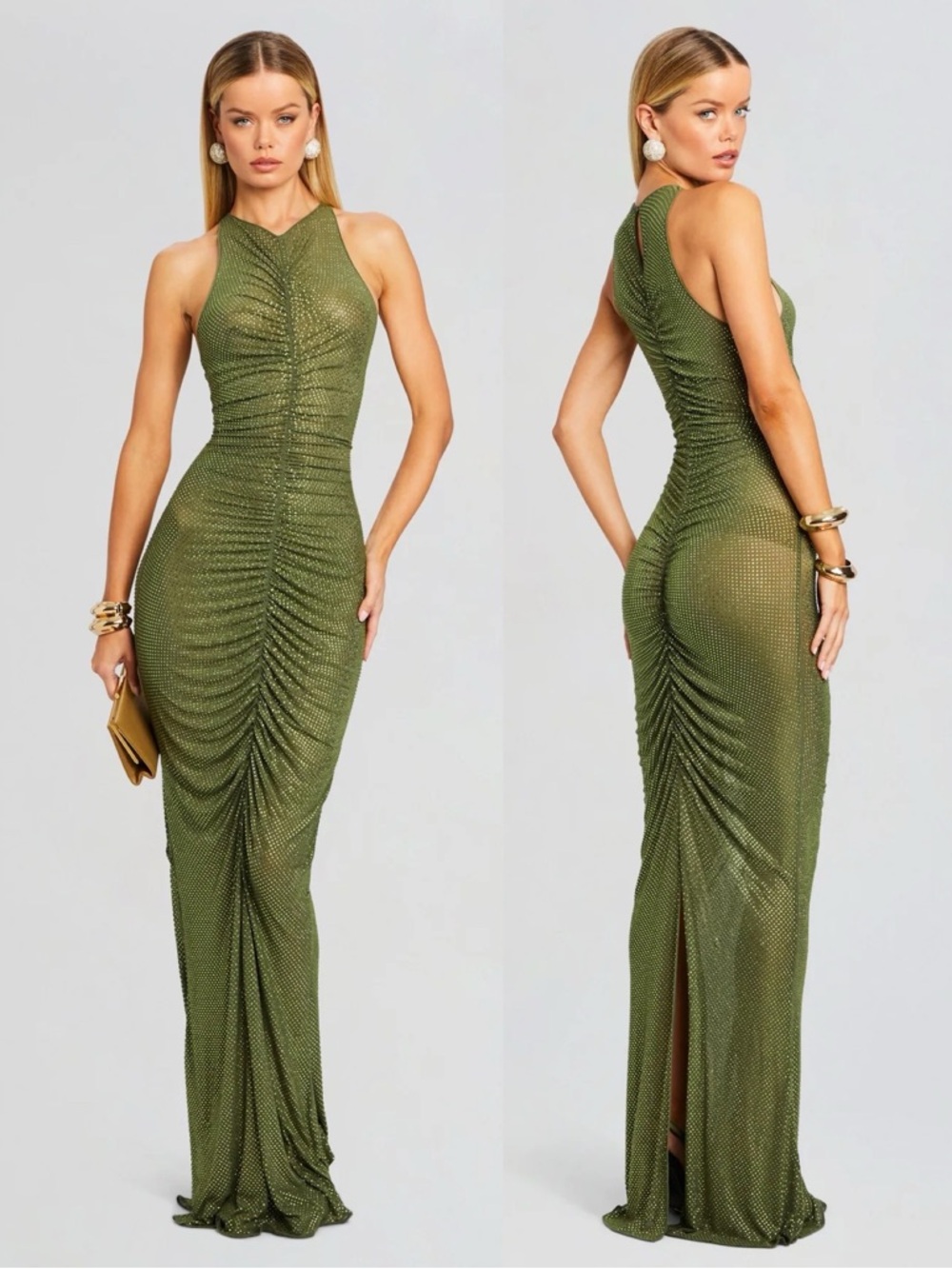 Retrofete Marsann Crystal Embellished Maxi Dress Green NEW with tags